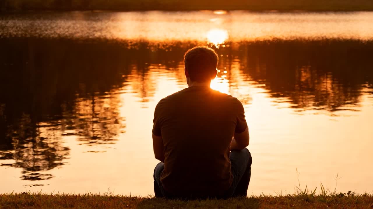 Sitting man in dark tee and jeans on grassy bank, watching lake reflection as sun lowering