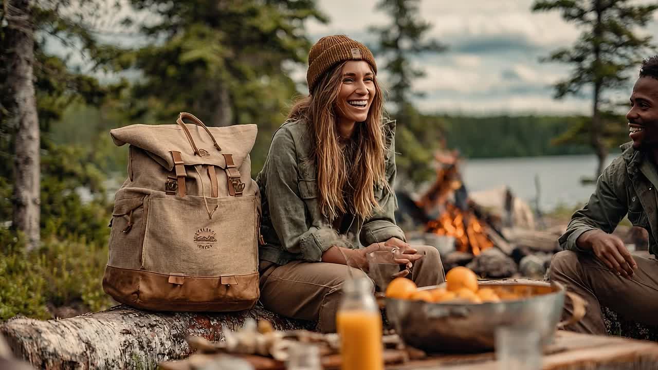Joyful Moments in Nature: Two Friends Share Laughter and Refreshments Around a Campfire in a Serene Outdoor Setting, Surrounded by Trees and Scenic Views
