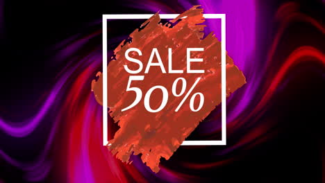 animation of 50 percent sale over orange stain on black background