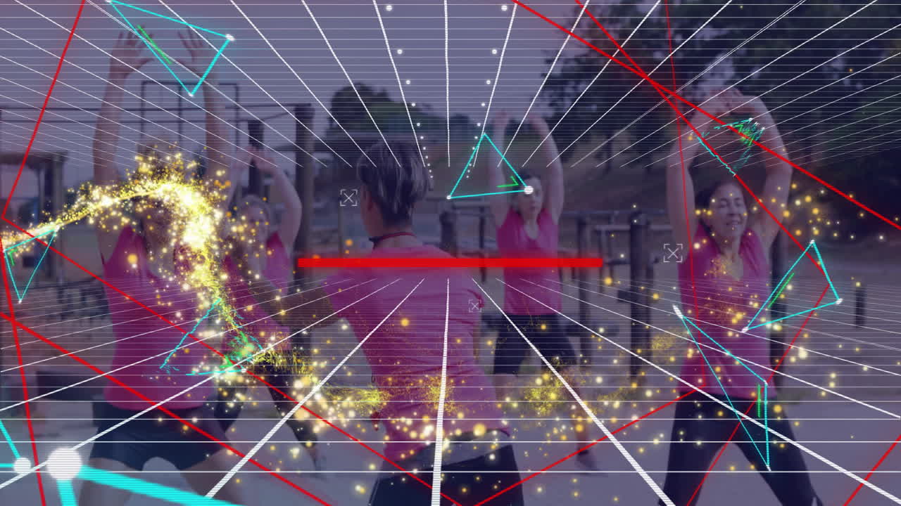 People exercising outdoors with geometric shapes and sparkles animation overlay