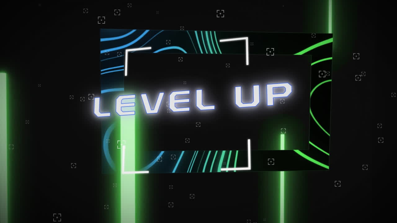 Animation of level up text in white neon frame over glowing square