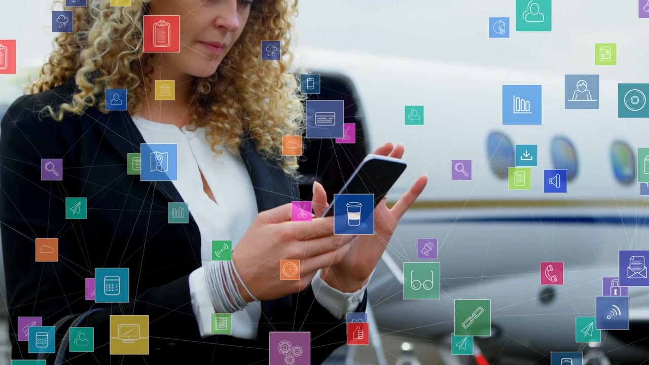 Animation of network of connections with media icons over using smartphone