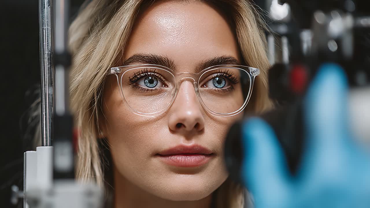 A close-up view of a young woman with glasses, showcasing her thoughtful expression during an eye examination, surrounded by advanced optical equipment