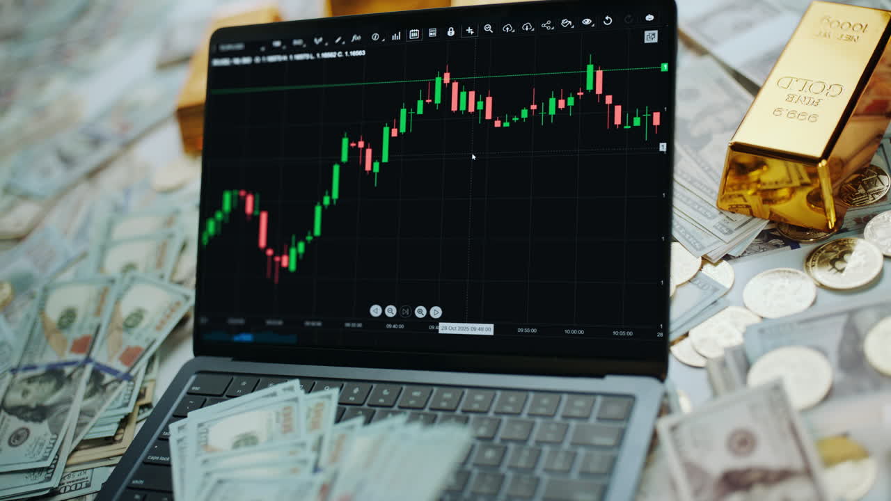 Stock market analysis on a laptop with money