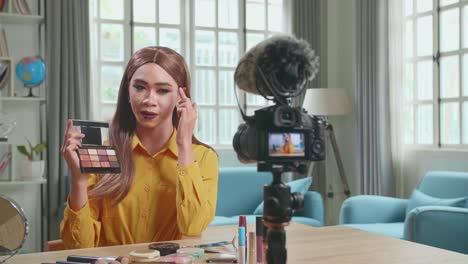 Influencer Young Transgender Woman Blogger Talks About Makeup. Transgender Woman Recording Video Blog Tells How To Be Beautiful. Blogger Talks Facial Beauty Treatments. Vlogger Broadcasts How To Use Of Cosmetic In Home Studio