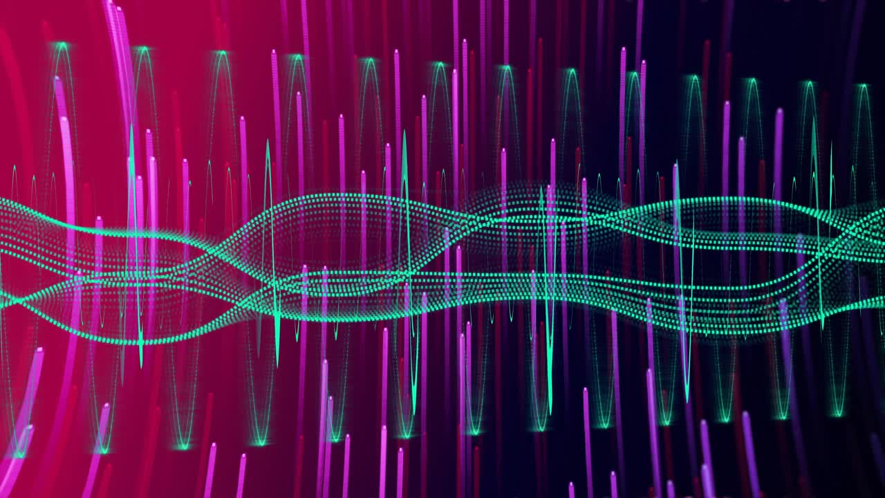 Rising neon rods sparking teal dotted wave undulating splitting lanes and forming woven pulse