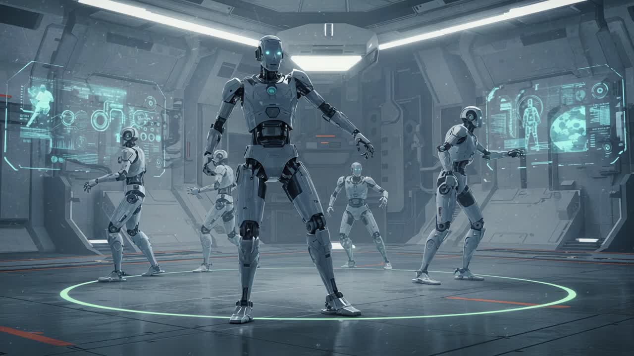 A group of advanced humanoid robots demonstrates synchronized movement within a futuristic, high-tech environment, showcasing cutting-edge artificial intelligence and robotics technology