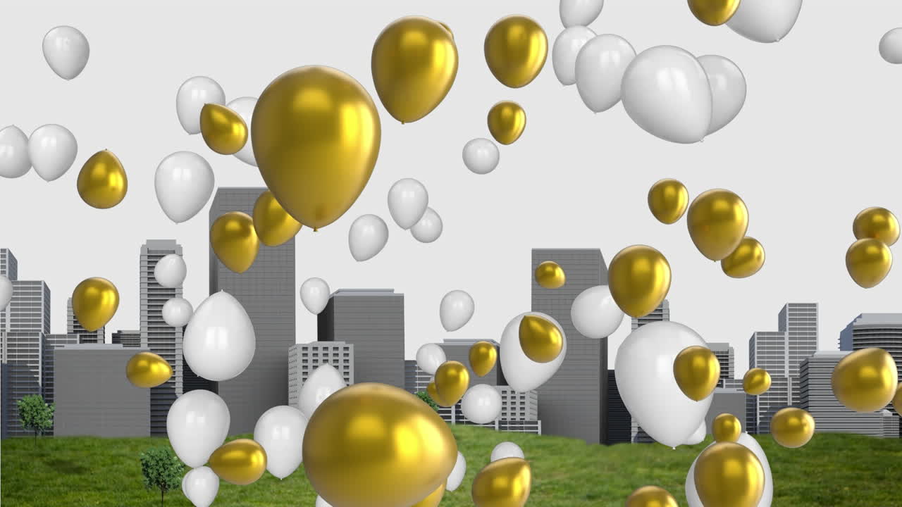 animación digital de múltiples globos flotando sobre un modelo de ciudad en 3d contra un fondo blanco