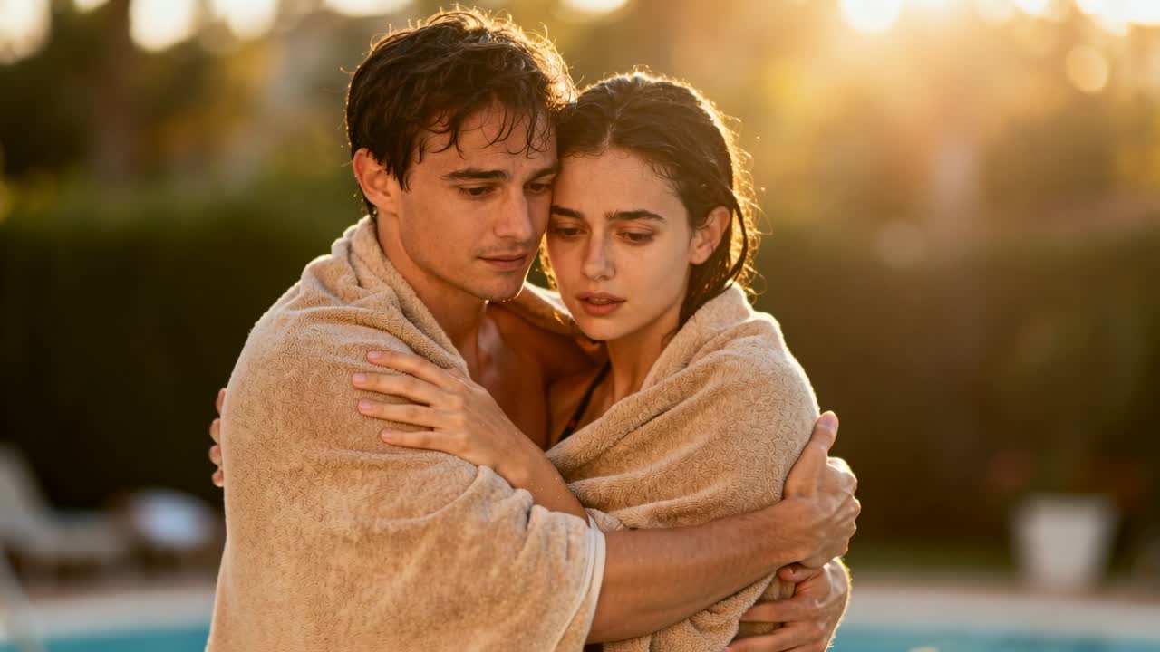 Wrapping shirtless man and woman in swimsuit with beige towel at poolside after swim, drying off