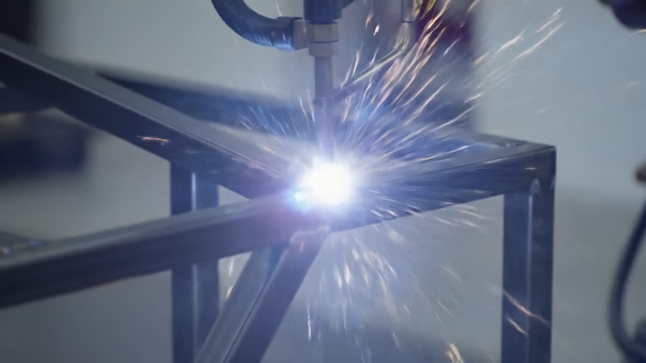 Automated Welding Process: A Close-Up View of a Robotic Arm Performing Precision Welding with Sparks and Seamless Metal Joints