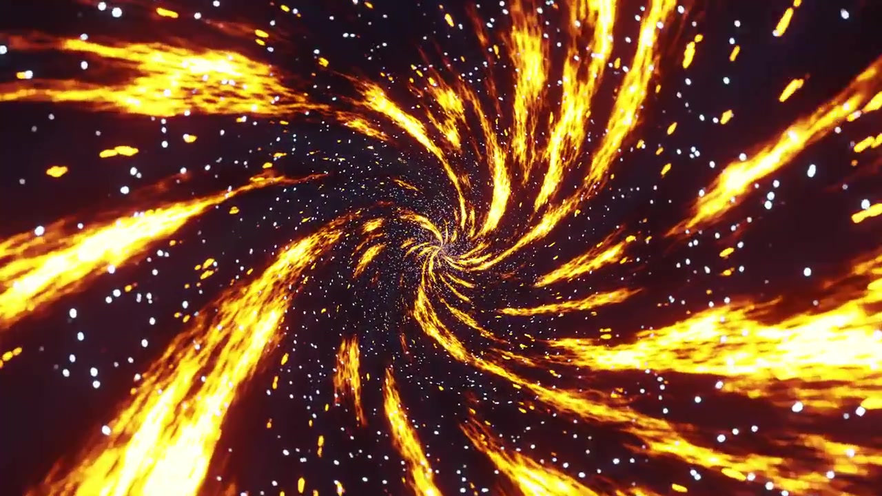 Vortice turbinante di energia arancione infuocata e particelle luminose che ruotano verso il centro. Rendering 3D