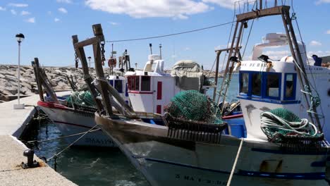 Static-Close-Shot---Traditional-Spanish-Fishing-Boats-at-Puerto-de-La-Duquesa-in-Spain