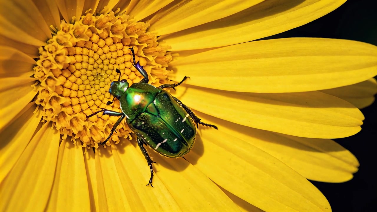 En skinnende grøn bille bevæger sig og undersøger pollenpladen på en gul margueritblomst, søgende efter mad, mens solen varmer.