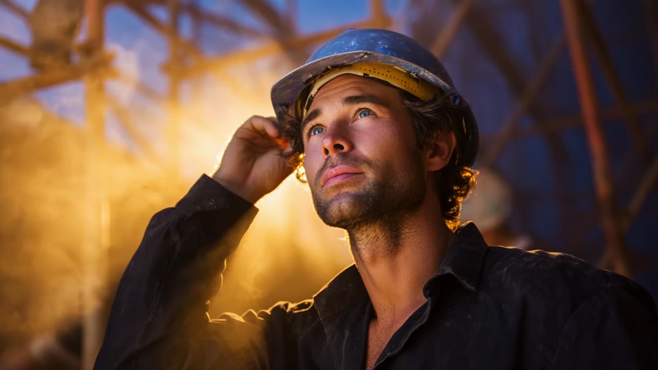 A construction worker gazes thoughtfully into the distance as sunlight streams through the scaffolding, capturing a moment of contemplation amidst the bustling environment of a construction site