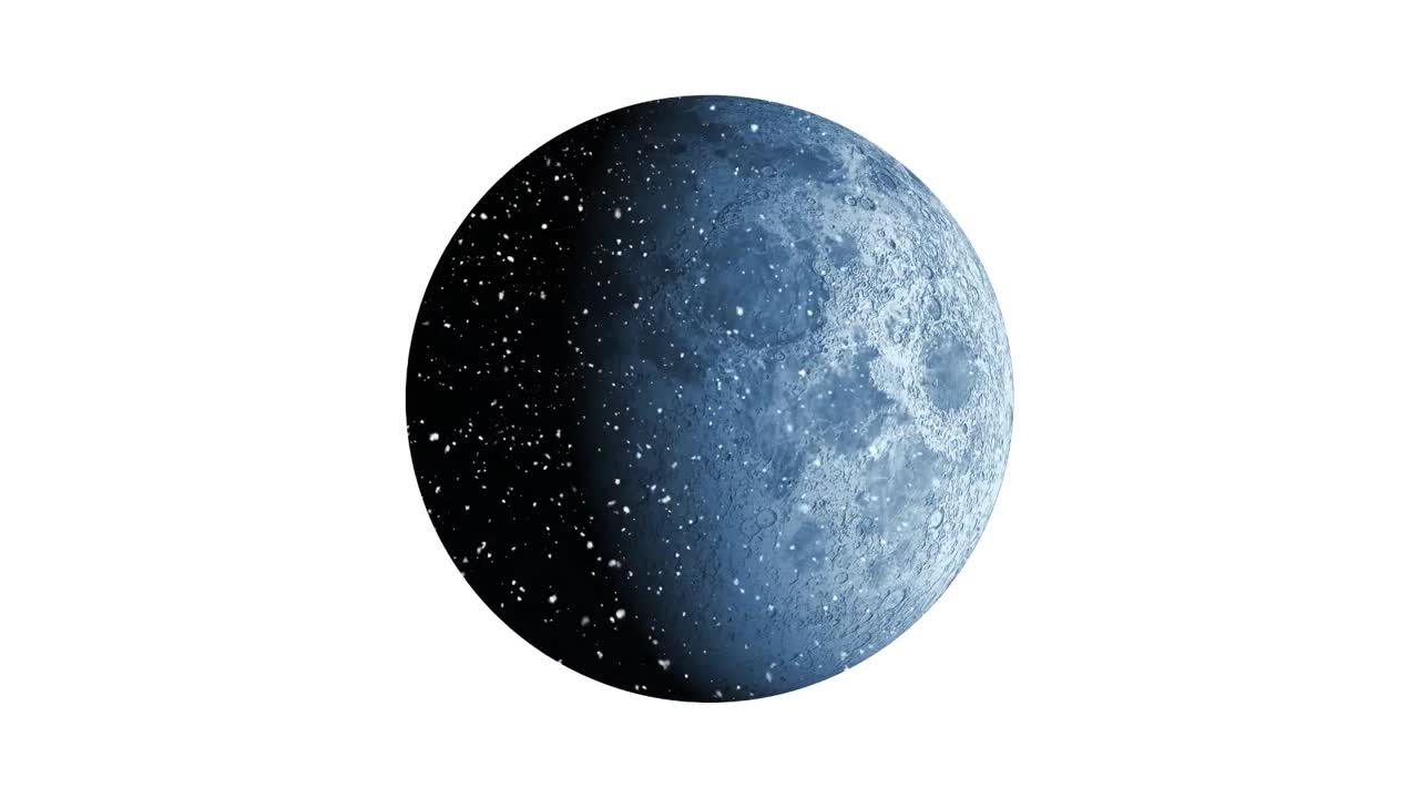 Animation of snow falling over full moon on white background