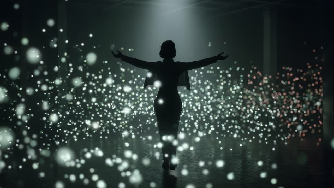 Enigmatic female figure in silhouette walking through a dark, immersive space, interacting with a field of glowing digital particles and raising her arms in a triumphant gesture