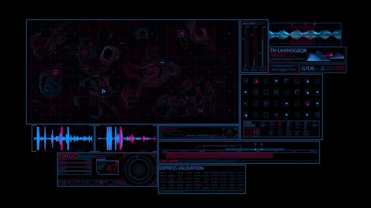 Use it to create computer interface or project with modern hi-tech neon style. Backgrounds combines abstract elements and stylish HUD particles. Abstract
digital backgrounds