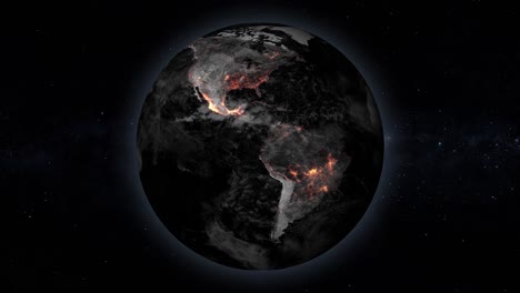 Animation-Of-Burning-Fires-In-North-And-South-America-Continents-During-Years-In-The-Rotating-Earth