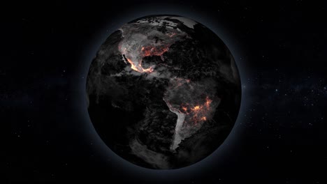 animation of burning fires in north and south america continents during years in the rotating earth