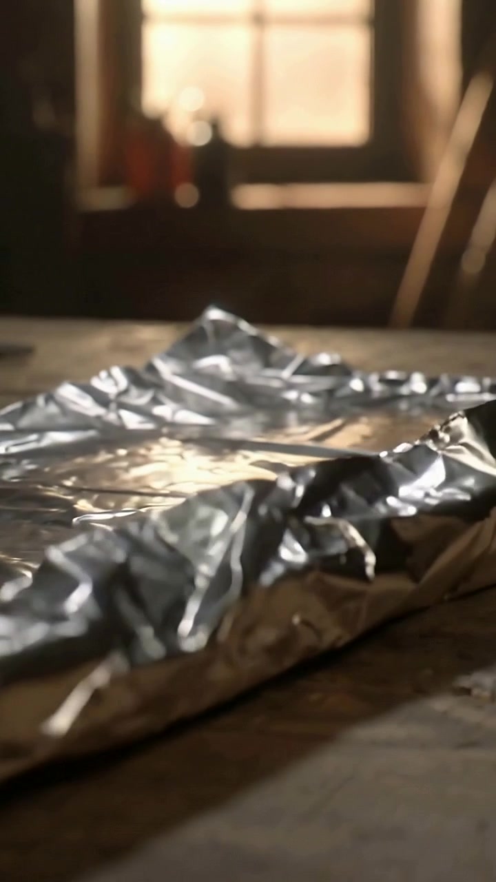 Vertical video: Sunlight causing foil strip smoothing across worn wood table, reflecting highlights