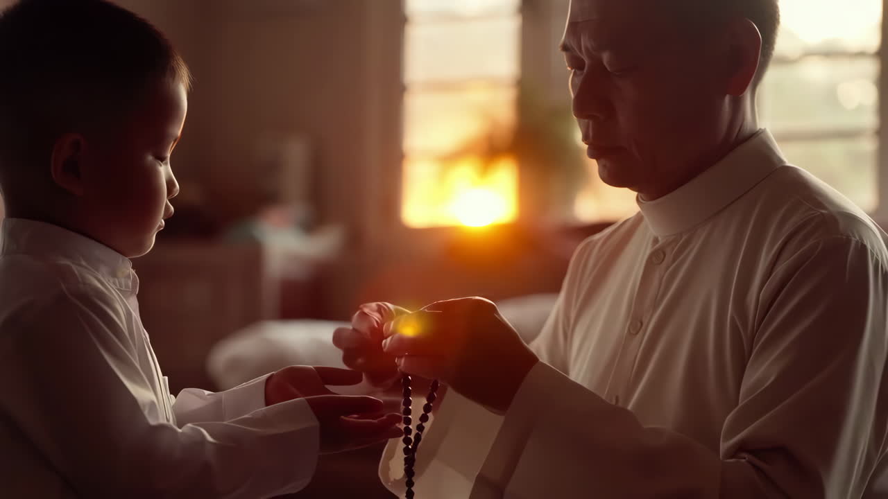 Intergenerational Spiritual Guidance: An Elder Teaches a Child About Prayer Beads