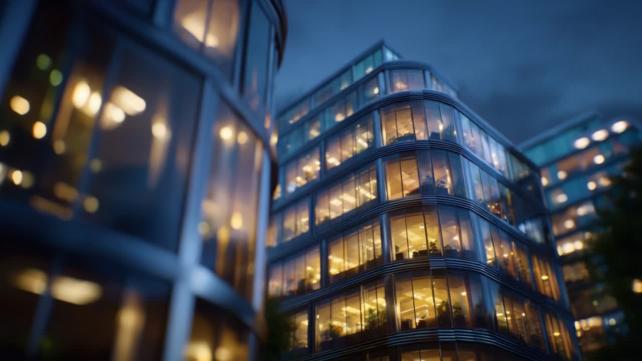 Vista noturna impressionante de uma arquitetura moderna e elegante, com escritórios iluminados e fachadas de vidro brilhantes em um ambiente urbano com uma atmosfera vibrante