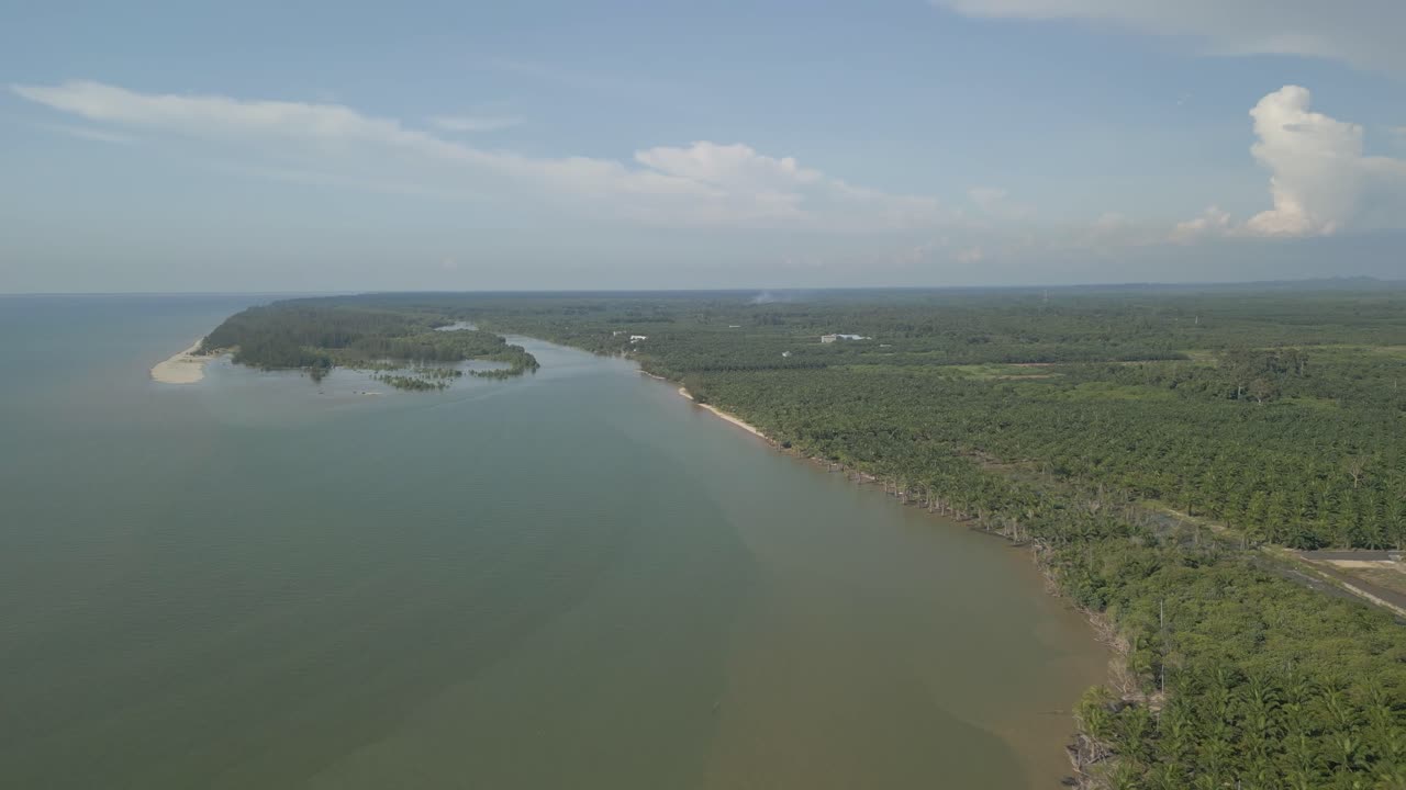 Aerial Drone View During Summer Alit Fishing Village,Kabong With, Facing Open Blue Sea, White Sandy Beach,Green Coconut, Palm Trees,And River,Sarawak,Borneo