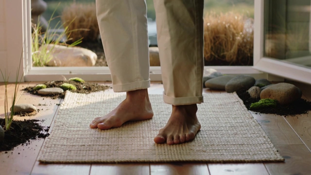 Stepping barefoot person touching woven mat, shifting at cabin door with cuffed pants toward water