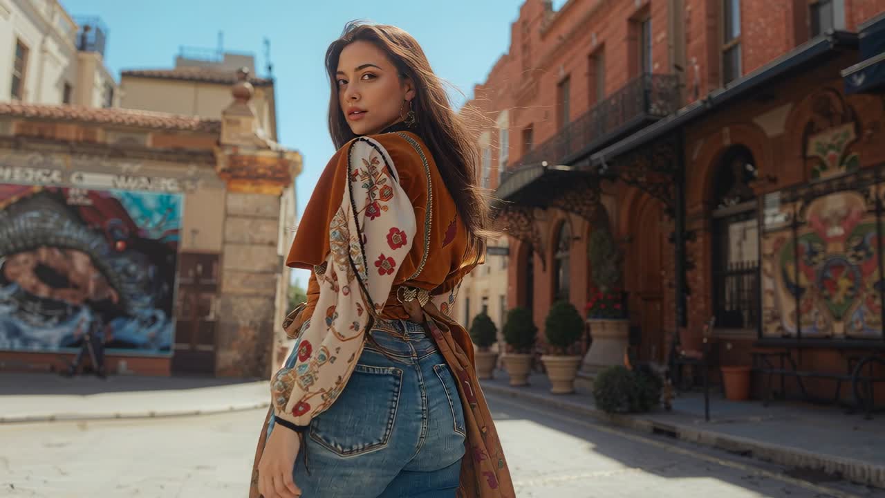 Donna adulta che cammina, reagendo alla telecamera, girando la testa verso una strada illuminata dal sole con blusa floreale e borsa.