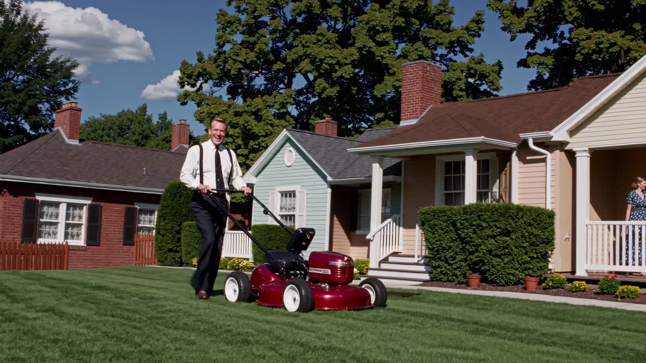 A man mowing a lawn in a suburban neighborhood, captured from a low-angle shot, evokes a nostalgic