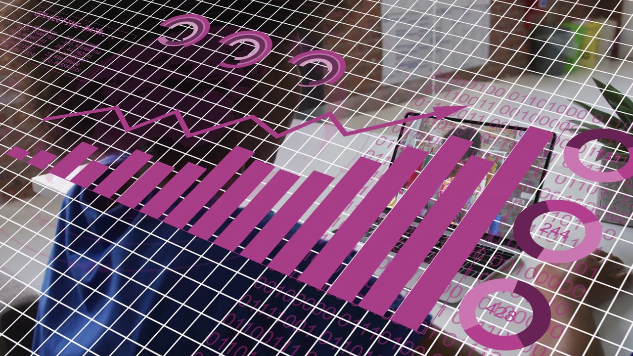 Donna che naviga sullo schermo del laptop e visualizza grafici di vendita magenta che si espandono su una griglia chiara