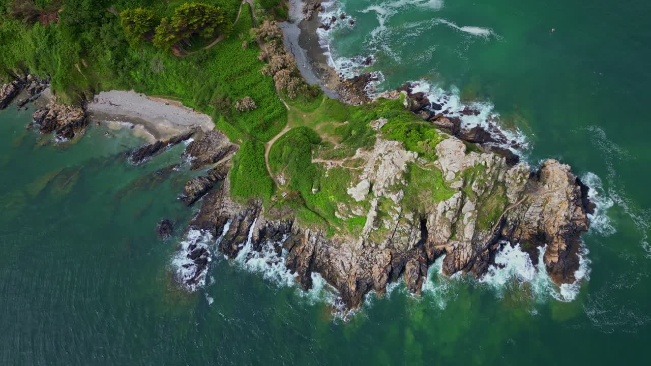 Vertically tilted down to the most northerly point of Plage de Trestrignel, Perros-Guirec, Brittany, France.