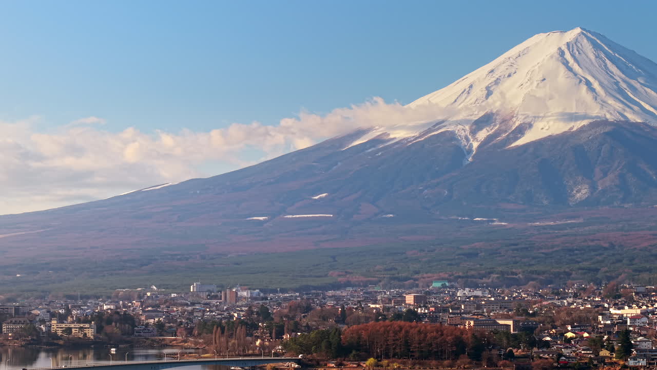 Aerial drone view of Lake Kawaguchiko near the Fujikawaguchiko town, Japan with Mount Fuji on the background