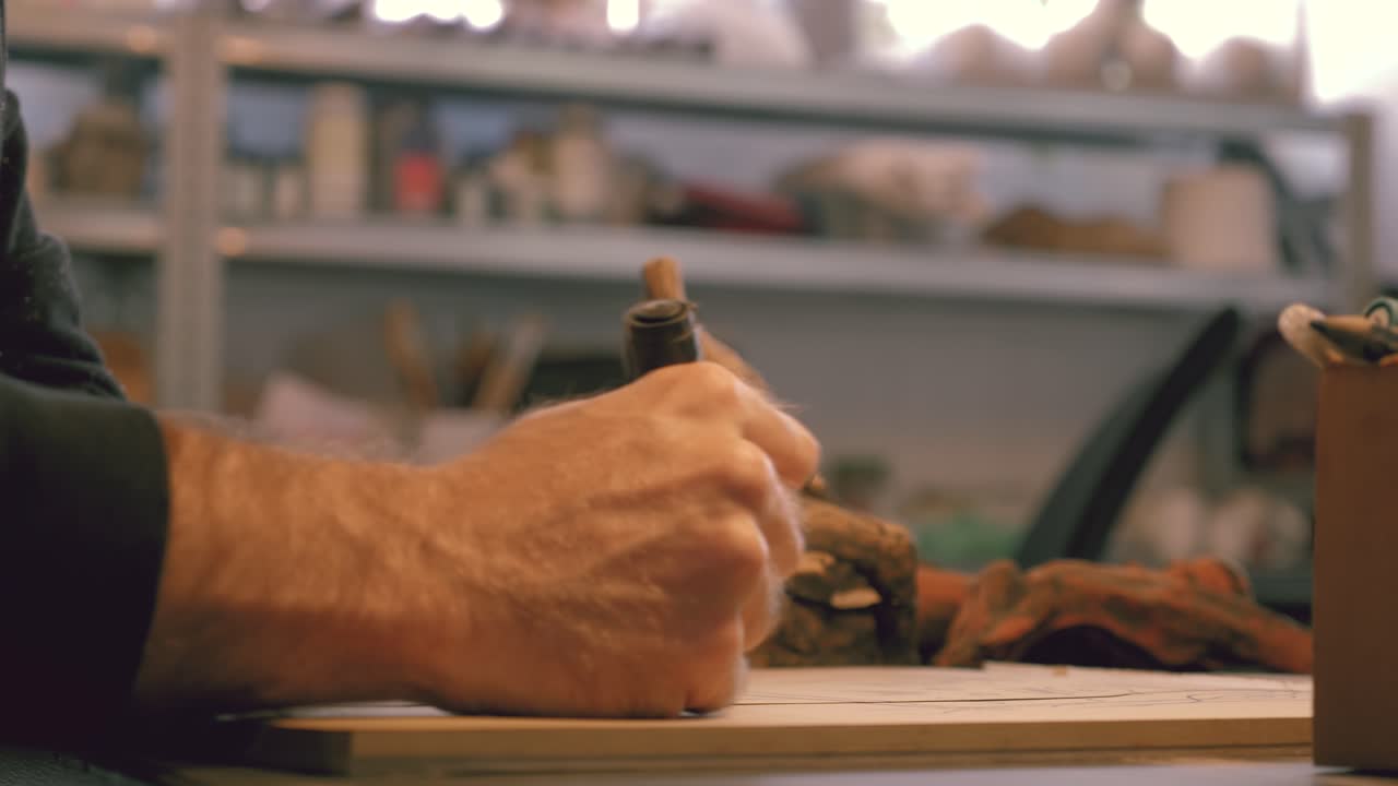 Close-up of a man's hands sketching a design on paper