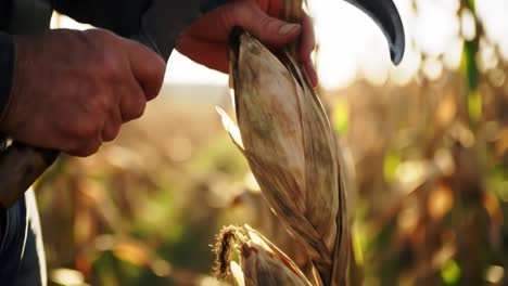 harvesting corn: the art of crop gathering and hand tools in agricultural practices under the golden sunlight of a fall day