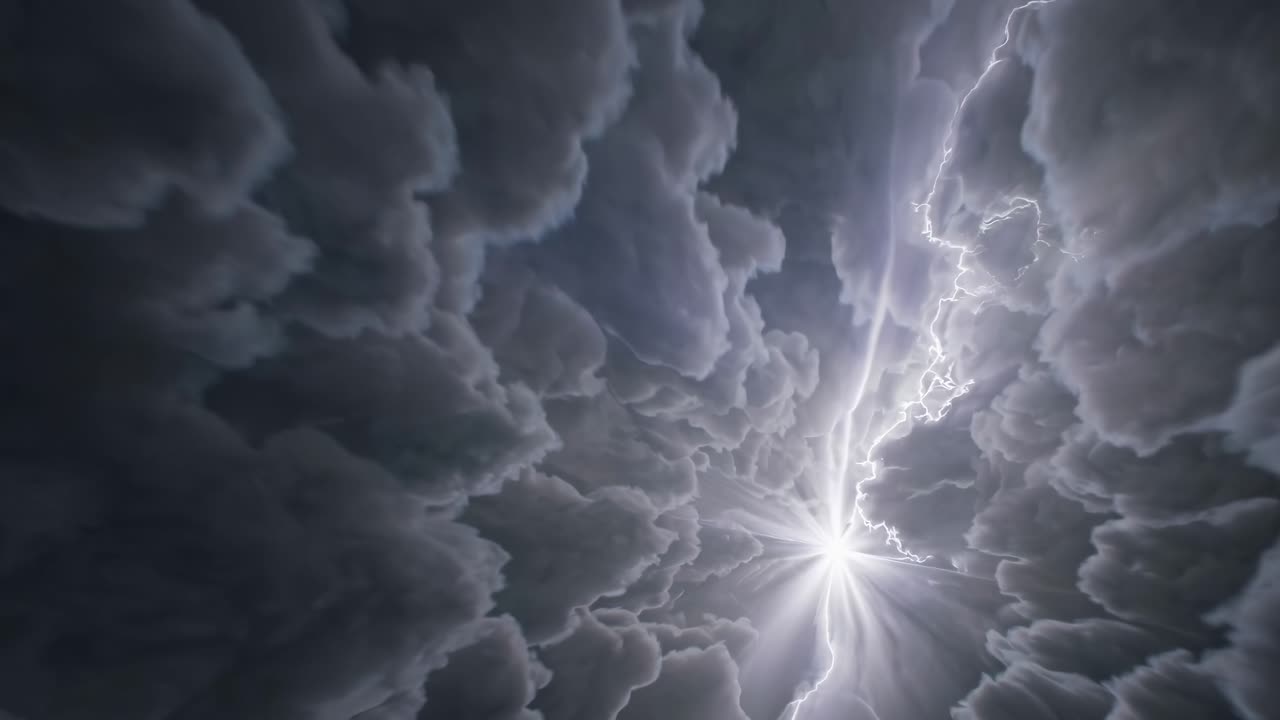 Dramatic video scene of a lightning bolt piercing dark storm clouds, captured from a low-angle