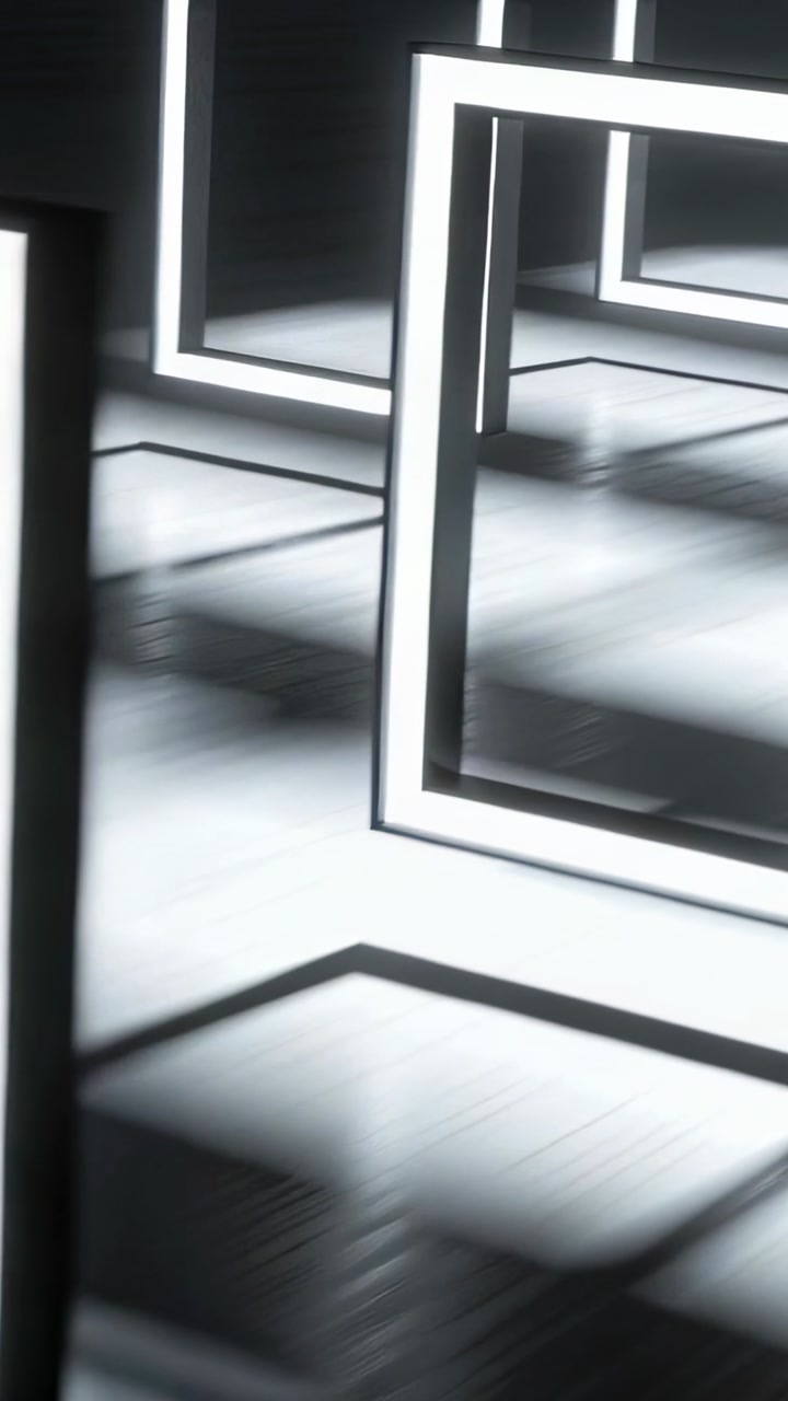 Vertical video: Camera moving forward right frame showing receding gallery reflections for design