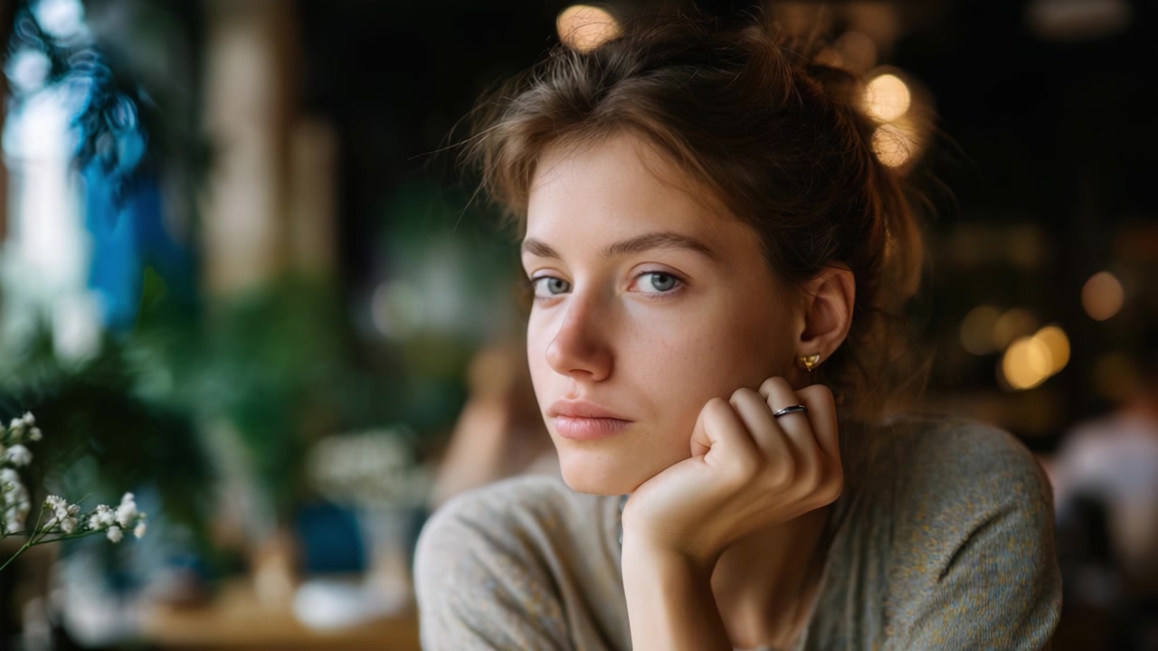 A contemplative young woman with a serene expression gazes thoughtfully into the distance, capturing a moment of introspection and tranquility in a cozy setting.