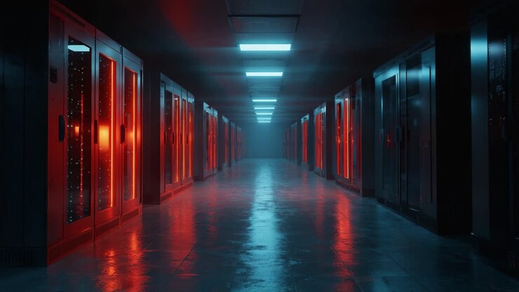 A Stunning Glimpse of a Futuristic Data Center, Showcasing Technology with Rows of Glowing Red and Blue Server Racks in a Mysterious, Dimly Lit Corridor