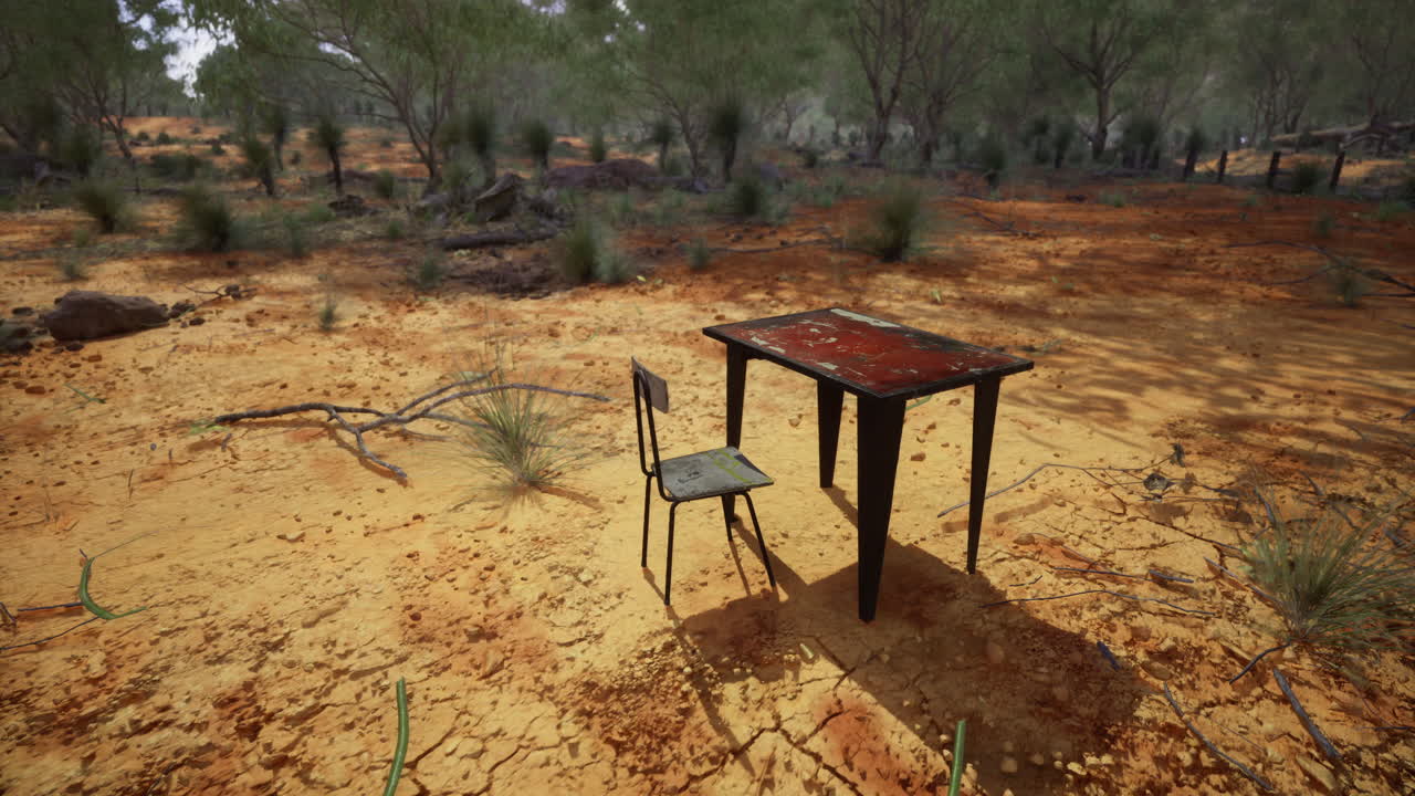Abandoned table and chair in a dry arid landscape under a clear sky