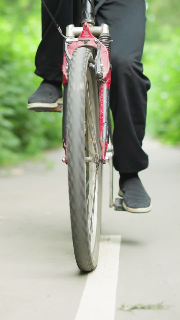 vista frontal inferior de un niño en pantalones negros montando una bicicleta tranquilamente a lo largo de un camino pavimentado marcado con líneas blancas, rodeado de una vibrante vegetación exuberante a ambos lados