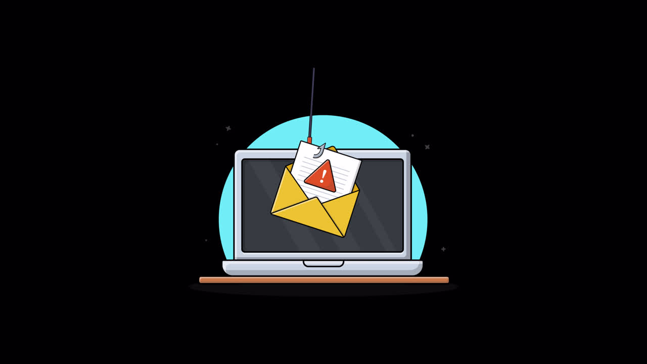 Truffa animata di phishing via e-mail sullo schermo di un laptop