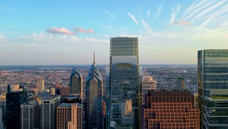 Philadelphia-Skyscrapers,-Linear-Aerial-Panorama-on-a-Summer-Day