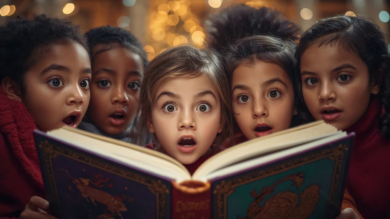 Five girls leaning around ornate book dipping finger into latch, unlocking warm glow in living room