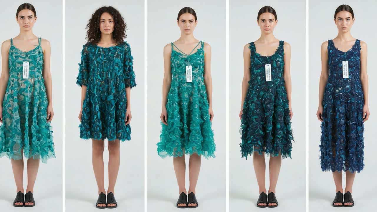 Stunning Fashion Display of Elegant Dresses Featuring Unique Floral Textures and Styles Captured in a Series of Sequential Frames Showcasing Versatile Looks