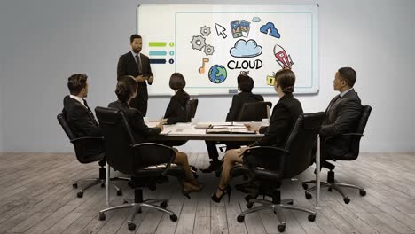 businessman giving a presentation on digital screen