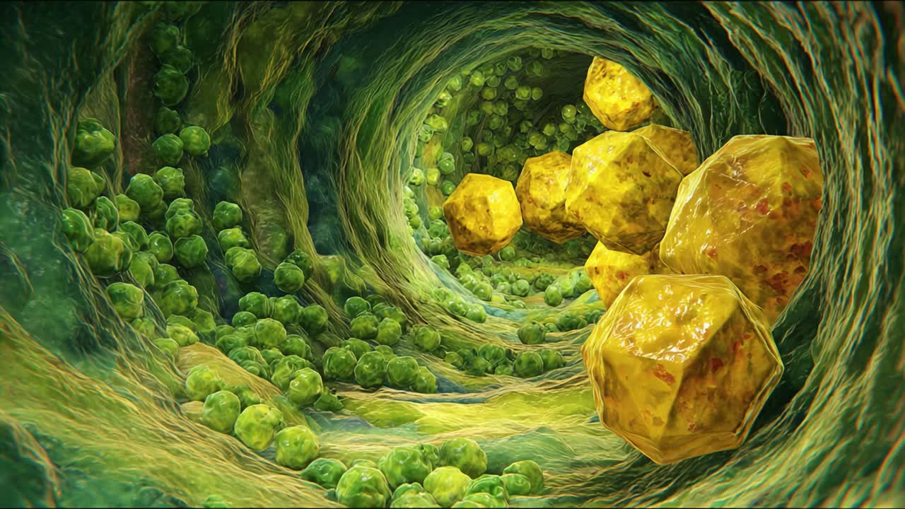 Intricate depiction of a microscopic world highlighting vibrant green cellular structures alongside bright yellow geometric forms, showcasing the fascinating complexity of biological organisms and interactions