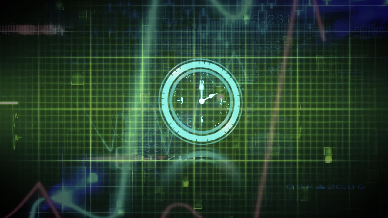 Animation of neon ticking clock and heart rate monitor against light sparkles on green background