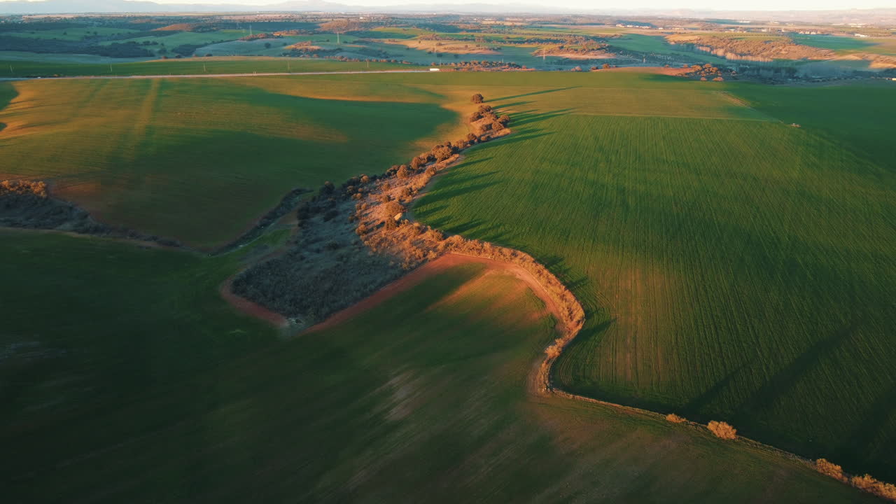 воздушный вид сельскохозяйственных полей при заходе солнца