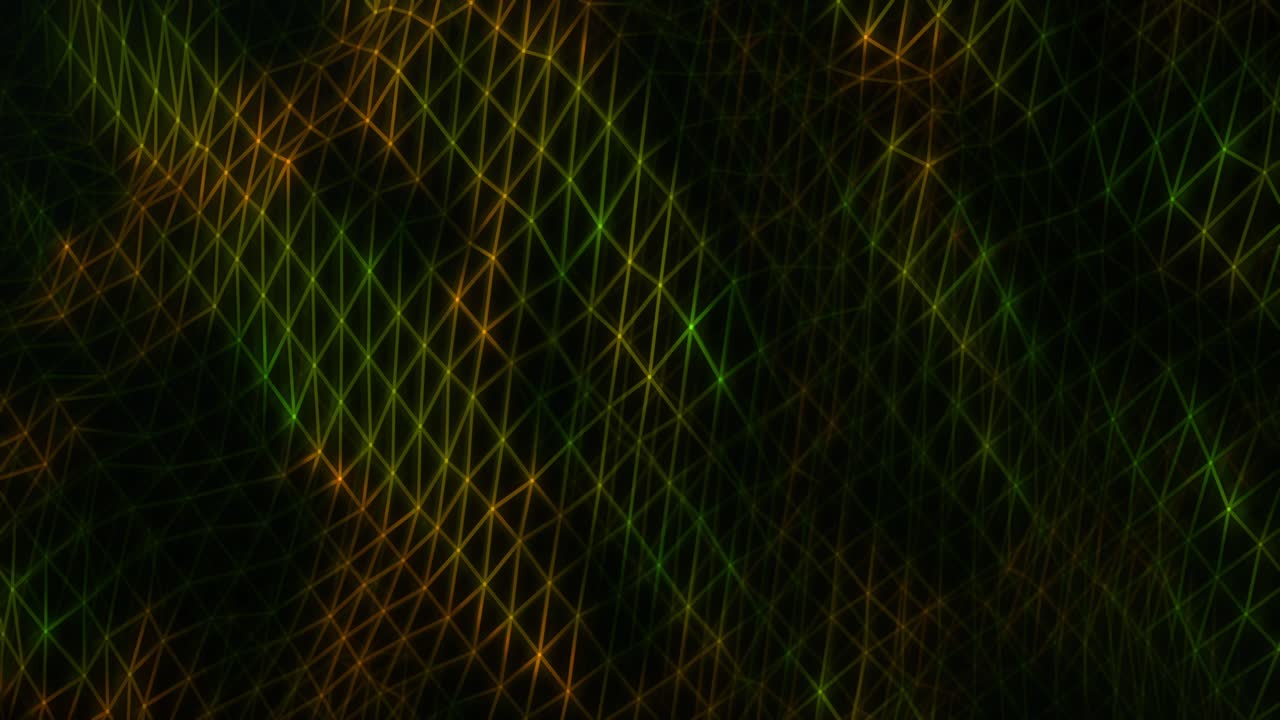 Continuous animation of rotating red and green mesh net layers, highlighted by point lights, with luminous dots marking the intersections of the connecting lines